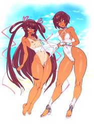  2girls alternate_costume alternate_hairstyle artist_name artist_request barefoot beach bikini breasts brown_hair butt_crack cameltoe cleavage clothes_pull covered_navel dual_persona earrings feet fingernails frontal_wedgie full_body highleg highleg_bikini highleg_swimsuit highres jewelry long_hair looking_at_another mizuki_yukikaze mizuki_yukikaze_(future) multiple_girls nail_polish nipples official_alternate_costume one-piece_swimsuit one-piece_swimsuit_pull one-piece_tan outdoors pink_eyes pussy pussy_peek sandals see-through shiny_skin short_hair simple_background skin_tight small_breasts standing swimsuit taimanin_(series) taimanin_rpgx taimanin_yukikaze tan tanline time_paradox wedgie wet wet_clothes white_one-piece_swimsuit wide_hips  rating:Questionable score:89 user:ViViK