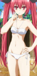 1girl absurdres bikini bra breasts closed_mouth date_a_live hand_on_own_hip highres itsuka_kotori long_hair looking_at_viewer mouth_hold navel red_eyes red_hair ribbon sky small_breasts solo standing stitched swimsuit thighs third-party_edit twintails underwear white_bikini rating:Sensitive score:29 user:spk