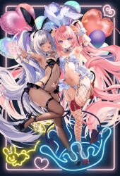 2girls absurdly_long_hair absurdres animal_ears arm_strap armpits arms_up balloon bare_shoulders bat_wings bikini black_footwear blue_eyes blush breasts brown_thighhighs dark-skinned_female dark_skin demon_girl demon_tail detached_collar fake_animal_ears fake_tail fishnet_thighhighs fishnets frilled_bikini frills garter_straps head_wings heart heart_balloon heart_tail high_heels highres kedama_milk leotard long_hair looking_at_viewer multiple_girls navel one_eye_closed open_mouth original parted_lips pink_hair playboy_bunny purple_eyes rabbit_ears rabbit_pose rabbit_tail red_footwear sidelocks small_breasts smile standing standing_on_one_leg stomach stomach_tattoo swimsuit tail tattoo thighhighs twintails very_long_hair white_hair wings rating:Sensitive score:33 user:danbooru
