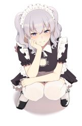 1girl absurdres apron black_dress black_footwear blue_eyes breasts cat_cutout cleavage cleavage_cutout clothing_cutout dress grey_hair hair_between_eyes highres kantai_collection kashima_(kancolle) knees_together_feet_apart looking_at_viewer maid maid_apron maid_headdress medium_breasts medium_hair puffy_short_sleeves puffy_sleeves short_sleeves simple_background smile solo squatting takaman_(gaffe) thighhighs two_side_up waist_apron white_background white_thighhighs rating:Sensitive score:26 user:danbooru