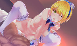  10s 1boy 1girl ;d bed bed_sheet blonde_hair blue_bow blue_bowtie blue_gemstone blush bow bowtie breasts brooch censored cowgirl_position cum detached_collar dutch_angle frilled_thighhighs frills gem girl_on_top glint gloves green_eyes hair_bow hand_on_another&#039;s_chest hand_on_own_knee hanging_breasts hetero highres idolmaster idolmaster_cinderella_girls indoors jewelry large_breasts leaning_forward looking_at_viewer lying midriff miyamoto_frederica navel nipples on_back on_bed one_eye_closed open_mouth cum_overflow penis pov pussy q_(ed69) sex short_hair smile solo_focus spread_legs squatting stomach straddling tareme thighhighs vaginal white_gloves white_thighhighs  rating:Explicit score:74 user:danbooru