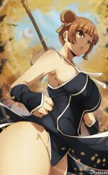  1girl absurdres bare_shoulders black_panties blue_sky blunt_bangs breasts brown_eyes brown_hair clenched_hand commentary detached_sleeves diagonal_bangs double_bun dress english_commentary forest frown hair_bun hair_ornament highres holding holding_polearm holding_weapon large_breasts laufen_(sousou_no_frieren) nature orphen_(pink_seito) outdoors panties pantyshot pelvic_curtain polearm short_hair side_slit sideboob sky sleeveless sleeveless_dress solo sousou_no_frieren twitter_username underwear weapon wind  rating:Sensitive score:9 user:danbooru