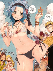  3girls 4boys arm_up bikini black_hair blonde_hair blue_sky brown_hair cana_alberona clenched_hand cloud cobra_(fairy_tail) covered_erect_nipples dark_skin day english_text closed_eyes fairy_tail from_below gajeel_redfox hair_bun happy_(fairy_tail) highres holding laxus_dreyar levy_mcgarden long_hair lotion_bottle lucy_heartfilia multiple_boys multiple_girls natsu_dragneel one_eye_closed outdoors pantherlily parted_lips pink_hair red_hair rusky scar scar_across_eye scar_on_face side-tie_bikini_bottom single_hair_bun sky speech_bubble spiked_hair swimsuit  rating:Sensitive score:160 user:danbooru