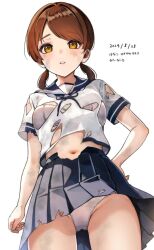  1girl blue_sailor_collar blue_skirt bra breasts brown_hair cowboy_shot hanako_(peanut) kantai_collection looking_at_viewer open_mouth panties pleated_skirt sailor_collar school_uniform serafuku shirayuki_(kancolle) short_hair short_sleeves short_twintails simple_background skirt small_breasts solo torn_clothes torn_skirt twintails underwear white_background white_bra white_panties yellow_eyes 