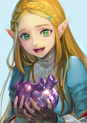  1girl blush gloves green_eyes hair_ornament hairclip heart long_hair nintendo open_mouth pointy_ears princess_zelda simple_background smile solo the_legend_of_zelda the_legend_of_zelda:_breath_of_the_wild thick_eyebrows yurinko  rating:Sensitive score:9 user:danbooru