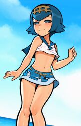  1girl arm_at_side bare_arms bare_shoulders blue_eyes blue_hair blue_sailor_collar blue_skirt blue_sky blush breasts bright_pupils closed_mouth cloud cloudy_sky creatures_(company) dutch_angle feet_out_of_frame female_focus game_freak gluteal_fold gold_hairband hairband half-closed_eyes hand_up highres horizon knees_together_feet_apart lana_(pokemon) loli loodncrood looking_at_viewer midriff navel nintendo ocean outdoors pokemon pokemon_(anime) pokemon_sm_(anime) sailor_collar shirt short_hair skirt sky sleeveless sleeveless_shirt small_breasts smile solo standing thigh_gap underboob water white_pupils white_shirt  rating:Sensitive score:196 user:danbooru