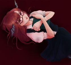 1girl bat_wings bespectacled book hugging_book brown_background commentary_request dutch_angle glasses head_wings holding holding_book koakuma lips long_hair maroon_background hugging_object puffy_short_sleeves puffy_sleeves red_eyes red_hair saneatsu semi-rimless_eyewear shirt short_sleeves simple_background skirt skirt_set solo upper_body vest white_shirt wings