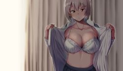 1girl amano_don bad_id bad_twitter_id bra breasts cleavage grey_hair hair_ornament hairclip highres large_breasts looking_at_viewer mole mole_under_eye open_clothes open_shirt parted_lips red_eyes school_uniform shirt short_hair skirt solo sweat underwear upper_body white_bra rating:Sensitive score:57 user:danbooru