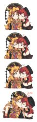 2girls 4koma bad_id bad_twitter_id bare_shoulders black_dress blonde_hair cheek-to-cheek chinese_clothes closed_eyes collar comic dress eye_contact female_focus hat heads_together heart hecatia_lapislazuli highres holding_hands imminent_kiss junko_(touhou) kiss kissing_cheek licking_lips long_hair long_sleeves looking_at_another multiple_girls one_eye_closed ori_(yellow_duckling) parted_lips red_eyes red_hair shirt silent_comic smile t-shirt tabard tongue tongue_out touhou upper_body very_long_hair wide_sleeves yuri rating:Sensitive score:6 user:danbooru