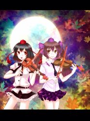  2girls :d autumn_leaves black_bow black_bowtie black_hair black_necktie black_skirt bondage_fiddle bow bow_(music) bowtie brown_eyes brown_hair checkered_clothes checkered_skirt closed_mouth collared_shirt commentary_request cowboy_shot frilled_skirt frills full_moon hair_ribbon happy hat highres himekaidou_hatate holding holding_bow_(music) holding_instrument holding_violin instrument kazi9090 leaf long_hair miniskirt moon multiple_girls necktie open_mouth puffy_short_sleeves puffy_sleeves purple_hat purple_ribbon purple_skirt red_eyes red_hat ribbon shameimaru_aya shirt short_sleeves skirt smile tassel tokin_hat touhou twintails violin white_shirt 