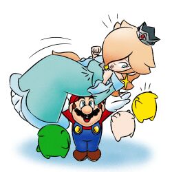 1boy 1girl blonde_hair blue_dress blue_eyes breasts brown_hair carrying dress earrings facial_hair full_body gloves grin hair_over_one_eye jewelry long_hair looking_at_another luma_(mario) mario mario_(series) mustache nintendo overalls rosalina smile super_mario_galaxy surprised