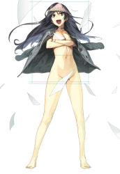  1girl artist_request barefoot black_hair bracelet breasts choker cleavage convenient_censoring crossed_arms jacket jewelry legs_apart long_hair navel nude object_on_head open_mouth panties panties_on_head solo tagme underwear  rating:Questionable score:15 user:ThatOneAnon