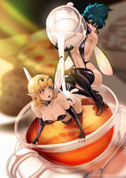  2girls antennae bent_over black_choker black_footwear black_gloves blonde_hair blue_eyes blue_hair blurry blurry_background bondage_fairies boots breasts center_opening choker cleavage commentary commission cup english_commentary fairy fairy_wings fingerless_gloves fingernails full_body gem gloves high_heel_boots high_heels highres jug_(bottle) large_breasts latex latex_boots latex_gloves magion02 milk mini_person minigirl multiple_girls navel p&#039;fil pamila partially_submerged pfil pointy_ears revealing_clothes short_hair skindentation slingshot_swimsuit strapless suggestive_fluid swimsuit tea teacup teeth thigh_boots thighhighs upper_teeth_only wings  rating:Questionable score:47 user:danbooru