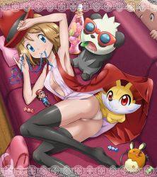  10s 1girl armpits ash_ketchum black_thighhighs blonde_hair blue_eyes blue_ribbon breasts candy character_doll cleavage covered_erect_nipples creature creatures_(company) dedenne feet fennekin food fox game_freak gen_6_pokemon hat highres md5_mismatch medium_breasts mouse_(animal) mouth_hold nintendo no_shoes pancham panda panties pantyshot pokemoa pokemon pokemon_(anime) pokemon_(creature) pokemon_xy ribbon ribbon_in_mouth serena_(pokemon) short_hair skirt sleeping sunglasses thighhighs tierno_(pokemon) underwear white_panties  rating:Questionable score:162 user:danbooru