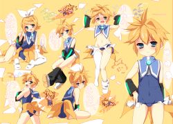  1boy ahoge angry animal_ears ass blonde_hair blue_eyes blush bow brother_and_sister bulge chibi child crossdressing detached_sleeves frown hair_bow hair_ornament hair_tie hairclip hand_on_own_hip hip_focus kagamine_len kagamine_len_no_bousou_(vocaloid) kagamine_rin looking_back male_focus navel open_mouth ponytail short_hair siblings simple_background sitting smile solo swimsuit tail torn_clothes translation_request trap twins vocaloid white_legwear  rating:Sensitive score:28 user:Uke-kun