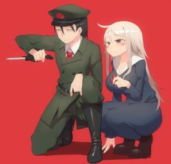  1boy 1girl arm_support black_hair boots breasts cross facepaint harau hat jewelry knife large_breasts long_hair military military_uniform necklace necktie nun original red_eyes short_hair simple_background smile squatting uniform weapon white_hair  rating:Sensitive score:4 user:Niconeko