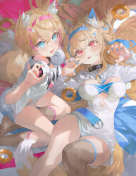  2girls :d :p absurdres animal_ear_fluff animal_ears asymmetrical_legwear bandaid bandaid_hair_ornament belt black_collar blonde_hair blue_belt blue_eyes blue_hairband blue_nails blue_shorts blush breasts breasts_apart center_opening claw_pose cleavage_cutout clothing_cutout collar crossed_bangs darr1o dog_ears dog_girl dog_tail doughnut dress fishnet_socks fishnet_thighhighs fishnets food fuwawa_abyssgard hair_ornament hairband headphones headphones_around_neck highres hololive hololive_english long_hair looking_at_viewer lying medium_breasts mococo_abyssgard multiple_girls nail_polish on_back open_mouth pink_hairband pink_nails red_eyes shirt short_hair shorts single_thighhigh sitting small_breasts smile socks t-shirt tail thighhighs tongue tongue_out virtual_youtuber white_dress white_shirt 