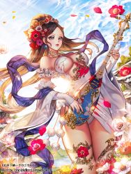  &#039;o&#039;ne bare_shoulders blue_ribbon blue_sky breasts brown_hair cleavage cleavage_cutout clothing_cutout day detached_sleeves earrings flower glint hair_flower hair_ornament hill holding holding_instrument instrument jewelry leotard lute_(instrument) medium_breasts nail_polish outdoors pink_nails ribbon shingoku_no_valhalla_gate sky solo standing sunlight thighlet water watermark 