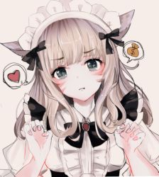 1girl :t alternate_costume animal_ears bad_id bad_pixiv_id beige_background black_bow black_bowtie bow bowtie cat_ears center_frills claw_pose closed_mouth commentary_request enmaided facial_mark final_fantasy final_fantasy_xiv fingernails frills grey_eyes hands_up heart leaning_on_person light_brown_hair long_hair looking_at_viewer maid maid_headdress miqo&#039;te moneybag nail_polish pink_nails pout puffy_short_sleeves puffy_sleeves sakura_mochiko shirt short_sleeves simple_background solo spoken_heart spoken_object white_shirt rating:Sensitive score:3 user:danbooru