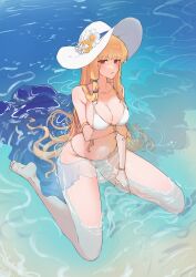  1girl absurdres angelica_(brown_dust) arm_under_breasts bikini blonde_hair bracelet breasts brown_dust_2 closed_mouth commentary english_commentary eyebrows_hidden_by_hair flower full_body groin hat hat_flower highres in_water jewelry large_breasts light_blush long_hair looking_at_viewer melloow navel ocean red_eyes sitting soles solo stomach sun_hat swimsuit toes very_long_hair wariza wet wet_clothes wet_hair white_bikini white_hat 
