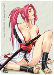 1girl arc_system_works azasuke baiken blush breasts censored cleavage guilty_gear highres japanese_clothes katana large_breasts leg_lift long_hair nipple_slip nipples no_bra no_panties open_clothes pink_eyes pink_hair ponytail pussy sandals sitting solo sword tattoo toes weapon rating:Explicit score:40 user:Anonymous
