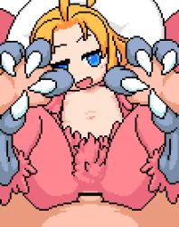  1boy 1girl ahoge akai_(ugokashitari) animated animated_gif bar_censor blonde_hair blue_eyes censored cloaca cum cum_in_cloaca ejaculation feathers flat_chest happy_sex harpy harpy_(akai) hetero holding_feet interlocked_fingers loli long_hair looking_at_viewer missionary monster_girl navel nipples original penis pixel_art pov pov_crotch pov_hands red_feathers red_wings sex winged_arms wings  rating:Explicit score:449 user:danbooru