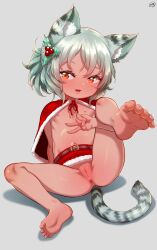 1girl absurdres animal_ear_fluff animal_ears anus bare_legs barefoot belt belt_buckle born-to-die buckle cape capelet cat_ears cat_girl cat_tail cleft_of_venus fang feet female_focus flat_chest full_body fur-trimmed_cape fur-trimmed_skirt fur_trim grey_background grey_hair highres leg_up loli looking_at_viewer navel nipples no_panties open_mouth original pussy red_capelet red_eyes red_skirt santa_costume short_hair simple_background sitting skirt soles solo spread_legs tail thighs toes uncensored v rating:Explicit score:195 user:MonsieurCinq