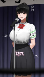  1girl armband arms_behind_back black_hair black_skirt blurry bow bowtie breasts depth_of_field height highres large_breasts microphone microphone_stand mole mole_under_eye original pleated_skirt red_bow red_bowtie school_uniform senju_(snz0) shirt sidelocks skirt smile solo three_sizes weight white_shirt  rating:Sensitive score:37 user:danbooru