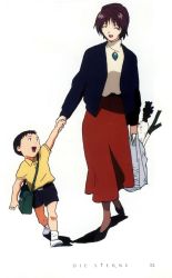  1990s_(style) 1boy 1girl absurdres age_difference aged_down bag child closed_eyes highres ikari_shinji ikari_yui mother_and_son neon_genesis_evangelion open_mouth pantyhose red_skirt retro_artstyle shopping_bag short_hair size_difference skirt  rating:General score:11 user:danbooru