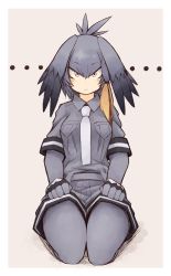  10s 1girl :| belt blush closed_mouth collared_shirt commentary full_body gloves grey_hair grey_necktie grey_pantyhose grey_shirt grey_shorts hair_between_eyes hands_on_lap head_wings highres jitome kaginoni kemono_friends layered_sleeves long_hair long_sleeves looking_at_viewer low_ponytail necktie pantyhose pink_background seiza shirt shoebill_(kemono_friends) short_over_long_sleeves short_sleeves shorts simple_background sitting solo staring wings yellow_eyes  rating:Sensitive score:11 user:danbooru