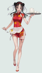  1girl anklet apron black_eyes black_hair bracelet breasts china_dress chinese_clothes covered_navel cup double_bun dress full_body hair_bun hair_ribbon high_heels highres holding jewelry kettle medium_breasts medium_hair murakami_suigun original parted_bangs red_dress red_footwear ribbon short_sleeves side_slit skindentation solo teacup thigh_strap thighs tray white_apron white_ribbon  rating:Sensitive score:19 user:danbooru