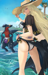  1girl absurdres alolan_exeggutor alolan_form alternate_costume ass back_tattoo beach bikini bird black_sarong blonde_hair blue_sky bracelet breasts cloud commentary creatures_(company) cynthia_(pokemon) day earrings english_commentary from_behind game_freak garchomp gen_4_pokemon gen_7_pokemon hair_ornament hair_over_one_eye hat highres jeredxd jewelry large_breasts legs lens_flare long_hair looking_back nintendo ocean outdoors pokemon pokemon_(creature) pokemon_dppt sarong sky solo_focus straw_hat sun swimsuit tattoo thighs tramp_stamp very_long_hair wading water 