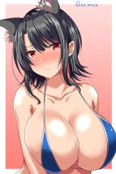 1girl absurdres animal_ear_fluff animal_ears ar_(lover_boy) bikini black_hair blue_bikini blush border breasts cleavage collarbone highres huge_breasts kantai_collection looking_at_viewer outside_border red_background red_eyes short_hair simple_background skindentation solo swimsuit takao_(kancolle) twitter_username upper_body white_border rating:Questionable score:26 user:danbooru