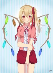  1girl :q alternate_costume blonde_hair blue_background blush breasts buttons center_frills closed_mouth collared_shirt contemporary cowboy_shot crystal fingernails flandre_scarlet frills hair_between_eyes hand_on_own_arm highres jewelry kawadancho looking_at_viewer medium_hair multicolored_wings nail_polish neck_ribbon no_headwear one_side_up pink_shirt red_eyes red_nails red_ribbon red_shorts ribbon ring sharp_fingernails shirt shorts simple_background sleeve_ribbon small_breasts solo striped_background tongue tongue_out touhou wings 