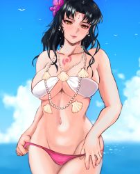  1girl akira_(yuibnm71) bare_shoulders beach bikini black_hair blue_sky blush bracelet braid breasts chest_tattoo cleavage day facial_mark fate/grand_order fate_(series) flower forehead_mark hair_flower hair_ornament highres jewelry large_breasts long_hair looking_at_viewer navel necklace ocean outdoors parted_bangs pearl_bracelet pearl_necklace revision sessyoin_kiara sessyoin_kiara_(swimsuit_mooncancer) sessyoin_kiara_(swimsuit_mooncancer)_(first_ascension) shell shell_necklace sky solo swimsuit tattoo twin_braids white_bikini yellow_eyes 