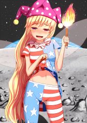 1girl american_flag_dress american_flag_legwear american_flag_shirt ameto bad_id bad_pixiv_id blonde_hair blush clothes_lift clownpiece cowboy_shot dress dress_lift earth_(planet) fairy_wings full-face_blush hat head_tilt jester_cap long_hair looking_at_viewer midriff moon naughty_face navel open_mouth pantyhose planet print_pantyhose purple_eyes short_dress short_sleeves smile solo space star_(symbol) striped_clothes striped_pantyhose touhou wings