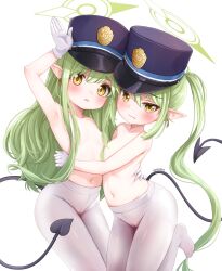 2girls absurdres armpits black_hat black_tail blue_archive blush breasts cleft_of_venus closed_mouth collarbone comodomodo demon_tail earrings fang gloves green_hair green_halo hair_censor halo hat hikari_(blue_archive) nozomi_(blue_archive) highres jewelry loli long_hair looking_at_viewer multiple_girls navel open_mouth pantyhose peaked_cap pointy_ears sidelocks signature simple_background skin_fang small_breasts tail twintails white_background white_gloves white_pantyhose yellow_eyes rating:Questionable score:31 user:danbooru