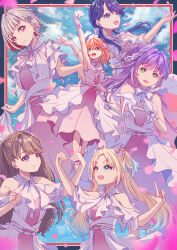  6+girls :d aqua_eyes black_border blonde_hair blue_eyes blue_hair blue_sky bob_cut border bow brown_hair chromatic_aberration closed_mouth clothing_cutout colored_inner_hair commentary_request crescent crescent_hair_ornament crossed_bangs dress falling_petals fang flower frilled_gloves frills fujishima_megumi glove_bow gloves gradient_hair green_eyes grey_hair hair_bow hair_bun hair_ornament hair_ribbon heart_arms_duo highres hinoshita_kaho index_finger_raised inset_border inverted_bob layered_dress light_blue_hair link!_like!_love_live! link_to_the_future_(love_live!) long_hair lotus love_live! macken medium_hair multicolored_hair multiple_girls murano_sayaka neck_ribbon open_mouth orange_hair osawa_rurino otomune_kozue outside_border parted_bangs petals pink_dress pink_eyes pink_petals purple_eyes purple_hair red_border red_hair ribbon short_hair short_sleeves shoulder_cutout side_ponytail sidelocks single_side_bun skin_fang sky sleeveless sleeveless_dress smile split_mouth teeth twintails two_side_up upper_teeth_only virtual_youtuber white_bow white_dress white_gloves white_ribbon yugiri_tsuzuri 