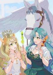  2girls blonde_hair blue_hair bridle butterfly_hair_ornament celine_(fire_emblem) censored censored_food chloe_(fire_emblem) commentary crown dress fire_emblem fire_emblem_engage food green_eyes hair_ornament highres holding holding_food holding_skewer jewelry long_hair looking_at_another mikami mosaic_censoring multiple_girls necklace nintendo pegasus skewer smile very_long_hair wavy_hair 