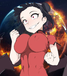  1girl artist_request bat_wings black_hair breasts burning chinese_clothes clenched_hands corona-chan coronavirus double_bun dress earth_(planet) fangs grin hands_up large_breasts planet red_eyes short_hair smile solo space upper_body wings  rating:Sensitive score:50 user:Hentai_Shitlord