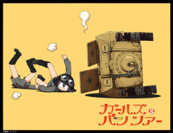 2girls anzio_military_uniform black_border black_footwear black_hair black_headwear boots border braid car_crash carro_veloce_cv-33 closed_mouth commentary_request copyright_name fallen_down frown girls_und_panzer giving_up_the_ghost goggles goggles_on_headwear googly_eyes grey_jacket grey_shorts helmet jacket long_sleeves lupin_iii military_uniform military_vehicle motor_vehicle multiple_girls parody partial_commentary pepperoni_(girls_und_panzer) sankuma short_shorts shorts side_braid simple_background tank translated uniform yellow_background 