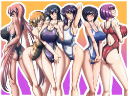 00s 6+girls :&lt; :d adapted_costume arm_behind_head arm_up armpits ass back bare_legs bare_shoulders black_hair black_one-piece_swimsuit blonde_hair blue_eyes blue_hair blue_one-piece_swimsuit blunt_bangs blush bob_cut border grabbing_another&#039;s_breast breast_hold breasts chestnut_mouth cleavage closed_mouth collarbone company_connection competition_swimsuit covered_erect_nipples covered_navel crossover dark-skinned_female dark_skin deep_skin embarrassed female_focus flipped_hair from_behind from_side grabbing grabbing_own_breast gradient_background green_eyes grin groin hair_between_eyes hand_on_another&#039;s_shoulder hand_on_own_hip hands_on_own_chest head_tilt highleg highleg_swimsuit highres hip_focus hug huge_ass huge_breasts igawa_asagi igawa_sakura ingrid_(taimanin_asagi) ingrid_(taimanin_murasaki) kangoku_senkan kneepits large_breasts leaning_forward legs legs_apart lieri_bishop lilith-soft lineup long_hair long_legs looking_at_viewer looking_back low_twintails multiple_girls naomi_evans naughty_face nose_blush oboro_(taimanin_asagi) one-piece_swimsuit one_eye_closed open_mouth orange_background orange_eyes orange_hair outline outside_border own_hands_together parted_lips pink_hair profile purple_background purple_hair purple_one-piece_swimsuit red_eyes red_one-piece_swimsuit shiny_clothes shiny_skin short_hair siblings sideboob sidelocks sisters smile standing swimsuit taimanin_(series) taimanin_asagi taimanin_murasaki taro taut_clothes taut_swimsuit teeth thigh_gap thigh_grab thighs twintails two_side_up v_arms very_long_hair white_one-piece_swimsuit wink yellow_eyes rating:Sensitive score:192 user:danbooru