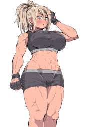  abs blonde_hair breasts fingerless_gloves gloves gym_shorts large_breasts muscular muscular_female ponytail purple_eyes shorts sports_bra thick_thighs thighs  rating:Sensitive score:7 user:GMSniper56