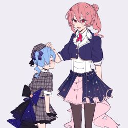  2girls age_difference age_regression aged_down anemachi belt beret blue_hair blue_jacket blush choker closed_eyes commentary english_commentary gloves grey_background grey_headwear hair_bun hat headpat hololive hoshimachi_suisei hoshimachi_suisei_(1st_costume) jacket kurikaeshi_yuri long_hair multiple_girls onee-loli open_mouth pantyhose partially_fingerless_gloves pink_hair plaid plaid_headwear plaid_jacket plaid_skirt red_eyes ribbon siblings side_ponytail single_hair_bun single_thighhigh sisters skirt smile star_(symbol) thighhighs virtual_youtuber 