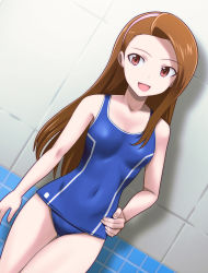  1girl brown_hair covered_navel flat_chest hairband hand_on_own_hip idolmaster idolmaster_(classic) long_hair minase_iori muhi11234 one-piece_swimsuit open_mouth red_eyes school_swimsuit solo swimsuit 