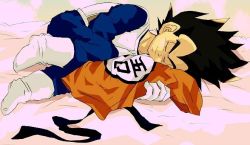  1boy artist_request bed bed_sheet black_hair boots clothes dougi dragon_ball dragonball_z eyebrows closed_eyes gloves holding lying male_focus on_side sash smile solo spiked_hair thick_eyebrows vegeta  rating:Sensitive score:6 user:AniManga