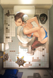  1girl absurdres annoyed ass bad_perspective bathroom bent_over black_eyes black_hair blue_panties boots bra bracelet breasts brown_eyes brown_hair bun_cover capcom chun-li clothes_pull condom double_bun from_above highres jewelry ken_masters looking_at_viewer panties pants panty_pull pantyhose pantyhose_pull photo_(object) rest_room restroom sagat short_hair solo spiked_bracelet spikes street_fighter toilet toilet_paper trash_can underwear underwear_only used_condom voyeurism white_bra white_footwear woorona 
