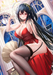  1girl :q ahoge armpit_crease azur_lane bare_arms bare_shoulders black_hair breasts brown_thighhighs choker cleavage closed_mouth cocktail_dress cup dress drinking_glass garter_straps hair_ornament halterneck hand_up highres holding holding_cup large_breasts long_hair looking_at_viewer no_bra no_panties official_alternate_costume one_side_up pouring pouring_onto_self red_choker red_dress red_eyes side_slit silveroid sitting skindentation sleeveless sleeveless_dress smile solo spaghetti_strap strap_gap taihou_(azur_lane) taihou_(forbidden_feast)_(azur_lane) thighhighs thighs tongue tongue_out very_long_hair wine_glass  rating:Sensitive score:5 user:danbooru