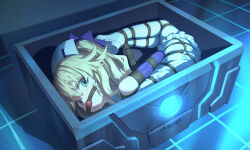 1girl arms_behind_back artist_request ball_gag bdsm blonde_hair bondage bound bound_ankles bound_arms bound_legs box choujigen_game_neptune commission dress elbow_gloves frilled_dress frills gag gagged gloves green_eyes highres histoire hogtie immobilization in_box in_container looking_at_viewer neptune_(series) restrained rope second-party_source shibari shibari_over_clothes solo wiffle_gag 