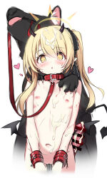  1girl absurdres bat_wings bestiality black_wings blonde_hair blood blue_archive blush censored cleft_of_venus collar cuffs cum cum_on_body cum_on_hair dog flat_chest halo handcuffs heart highres ibuki_(blue_archive) injury leash loli navel nipples nude onibi_(will_o_wisp24) penis pointy_ears red_collar simple_background white_background wings yellow_eyes yellow_halo  rating:Explicit score:180 user:danbooru